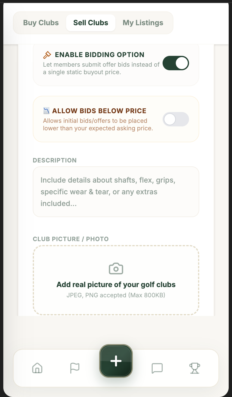 Sell clubs screen with bidding