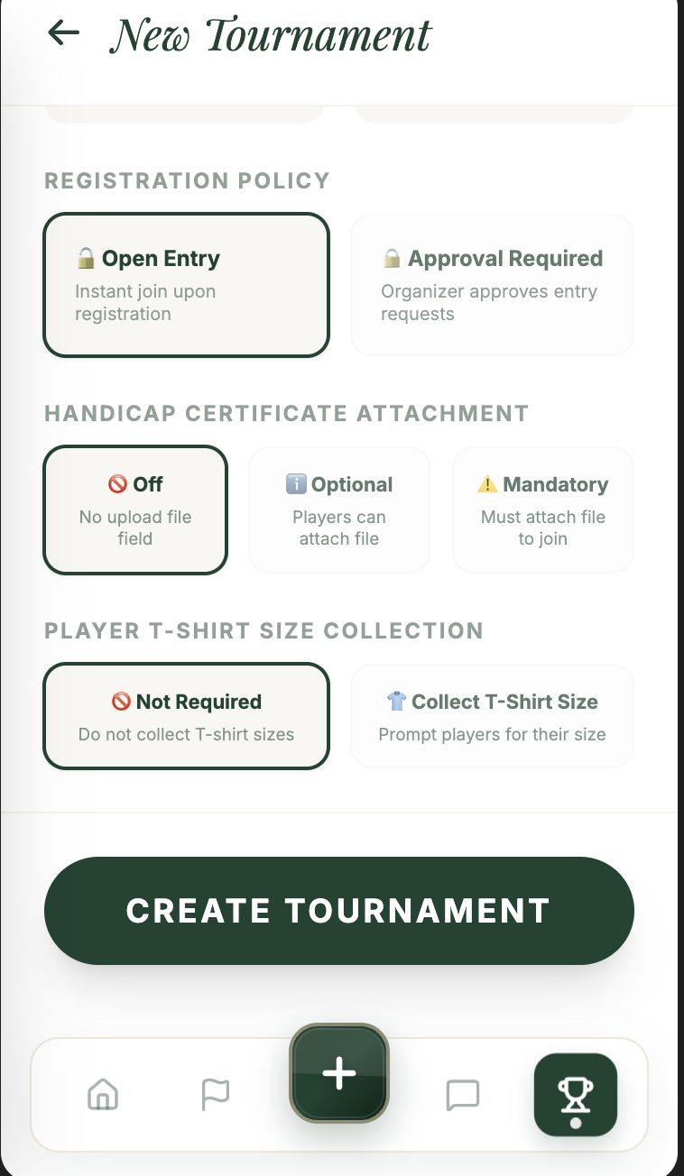Create tournament screen